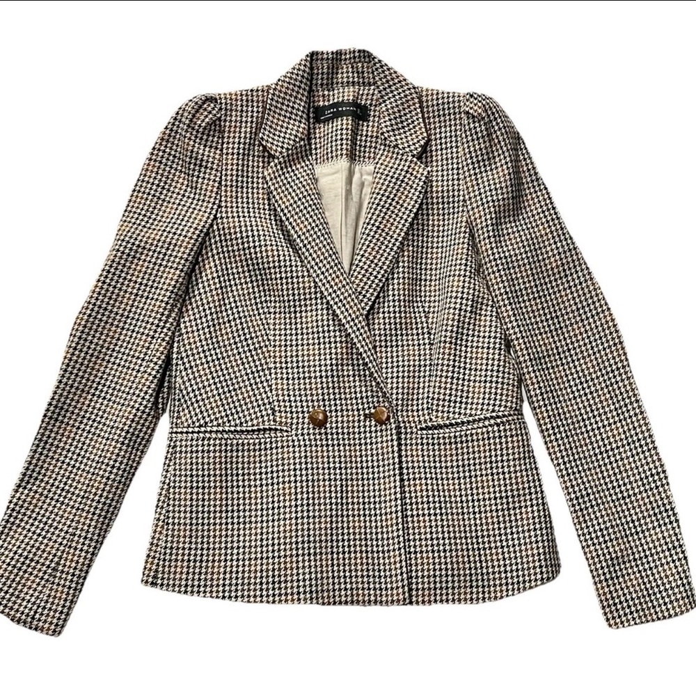 Zara Brown Tan Houndstooth Elbow Patches Wool Blend Blazer Jacket